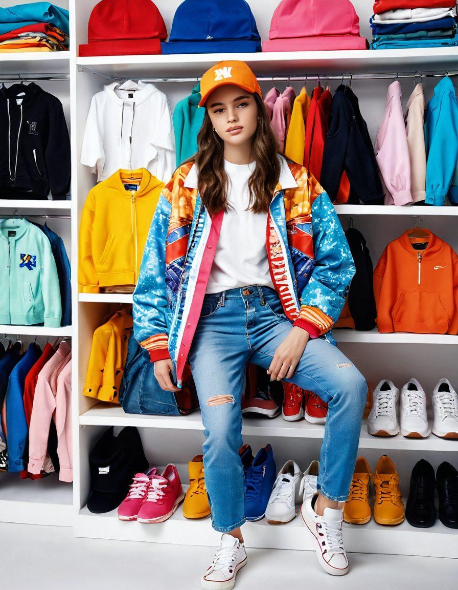 A vibrant teenager's wardrobe filled with essential fashion-forward garments, showcasing a mix of trendy clothing such as oversized jackets, high-waisted jeans, colorful graphic tees, and stylish sneakers. The scene should be lively, with accessories like hats and bags artfully arranged, creating a sense of personalization and individuality. Bright colors and energetic patterns should dominate the scene, reflecting a cool and contemporary youth aesthetic. super-realistic. vibrant colors. white background.
