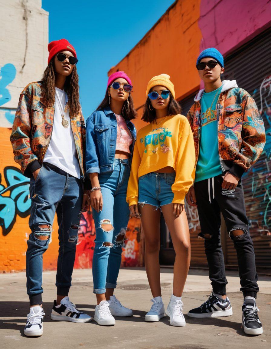 A stylish teenage group showcasing trendy outfits, standing in a vibrant urban environment, filled with graffiti and pop-art elements. Bright colors and bold patterns dominate their clothing, highlighting various fashion styles such as streetwear, vintage, and sporty looks. Accessories like oversized sunglasses, backpacks, and beanies add flair to their ensembles. Capture the essence of youth culture and creativity in this dynamic scene. super-realistic. vibrant colors. urban style.